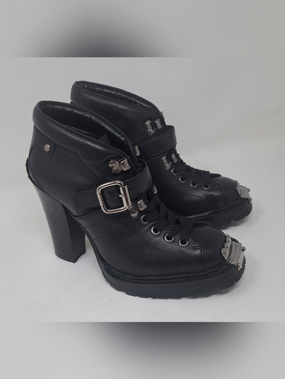 Miu Miu Ankle Combat Boots Moto Black Leather Steel Buckle Block Heels 35.5 IT - Picture 5 of 16